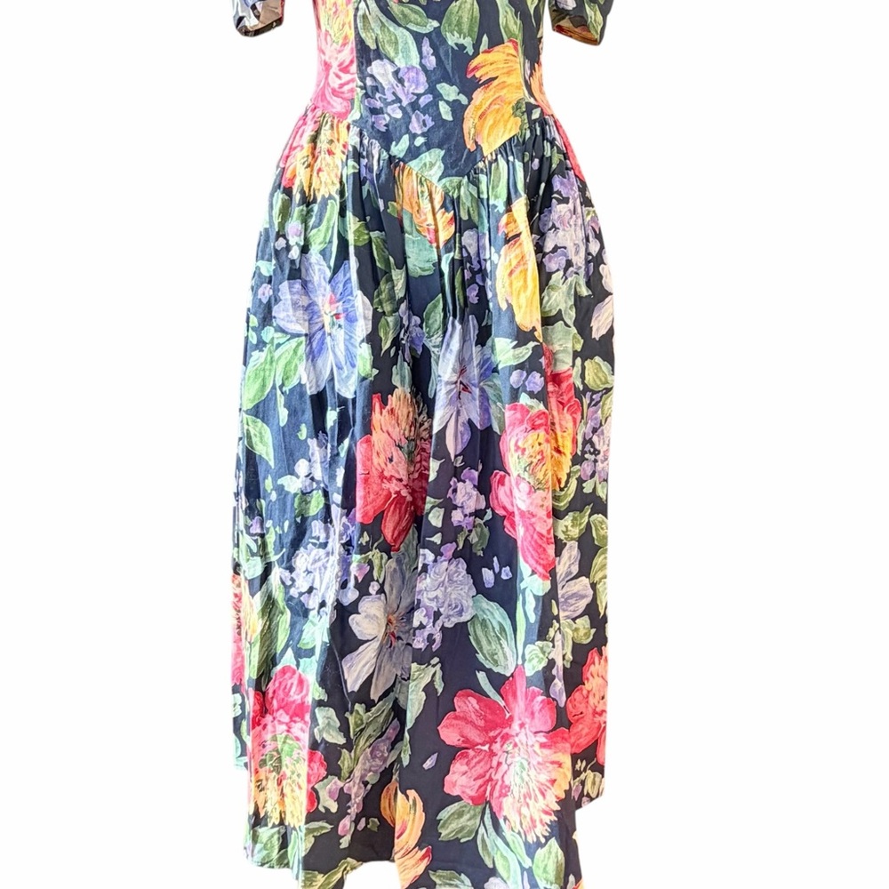 Gunne Sax blue floral off shoulder sweetheart bodice dress - Picture 6 of 7